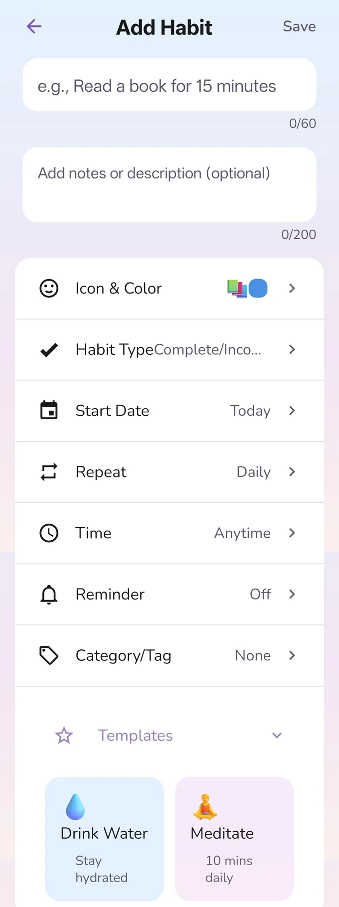 Habitberg add-habit screen with fields for name, icon and color, habit type, start date, and repeat schedule