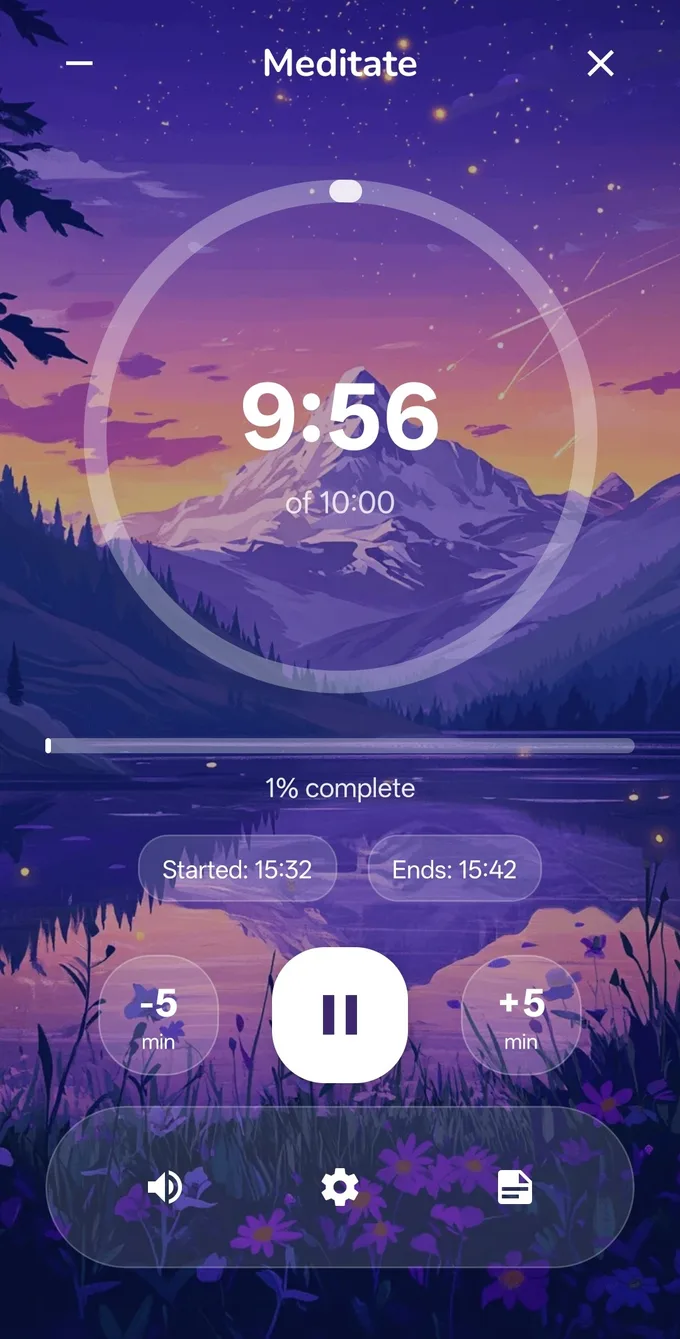 Habitberg focus mode timer counting down a meditation session over a calm mountain scene